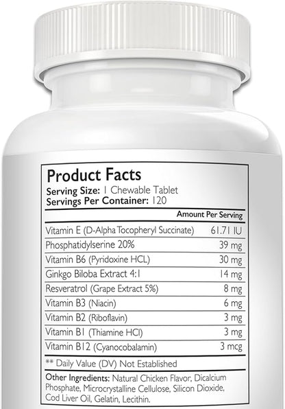 Cognitive Support for Dogs, Promotes Dog Brain Health, Mental Support Supplement for Cognitive Difficulties, 120 Chewable Tablets