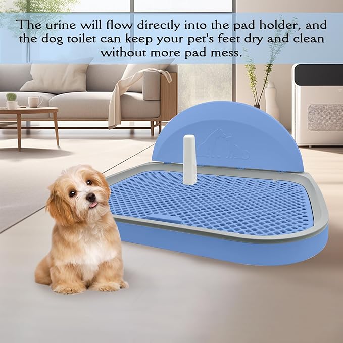 Tfwadmx Pee Pad Holder Dog Potty Tray with Splash Guard & Center Post Mesh Training Toilet Potty Tray Puppy Pad Holder for Puppy and Small Size Dog (Blue, 22.4"×17.7")