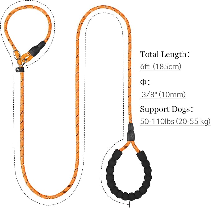 TagME 6ft Slip Dog Lead, No Pull Reflective Training Leash with Padded Handle, Professional Rope P-Leash for Small Medium Large Dogs, Heavy Duty Correction Lead for Walking & Training (Orange)
