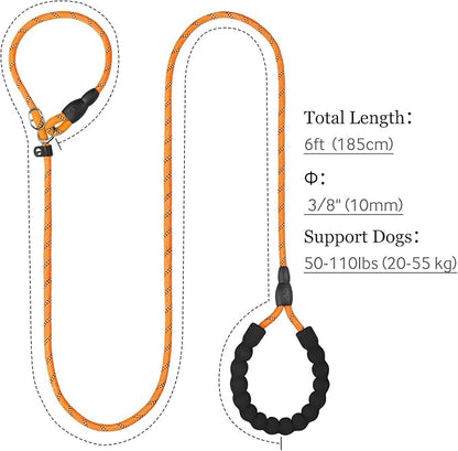 TagME 6ft Slip Dog Lead, No Pull Reflective Training Leash with Padded Handle, Professional Rope P-Leash for Small Medium Large Dogs, Heavy Duty Correction Lead for Walking & Training (Orange)