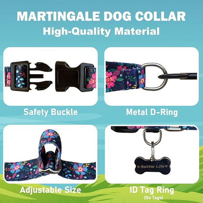 Martingale Collar for Dogs Floral Dog Collars for Small Medium Large Dogs with Buckle Adjustable Soft Nylon Dog Collar (Blue Pink Flower, Medium)