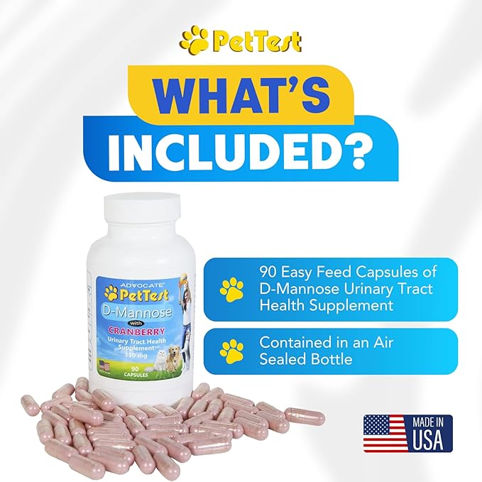 D-Mannose for Pets with Cranberry 90 Capsules, Dogs and Cats UTI Urinary Tract Support, Prevents and Eliminates Bad Bacteria, Bladder Kidney Supplement by Advocate PetTest