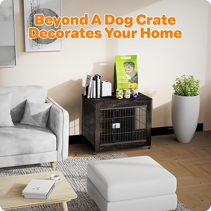 Dog Crate Furniture, Wooden Dog Crate 27in, Decorative Cage with End Table for Dog Indoor Kennel, High Anxiety Dog, Escape-Proof Locks for All Breeds