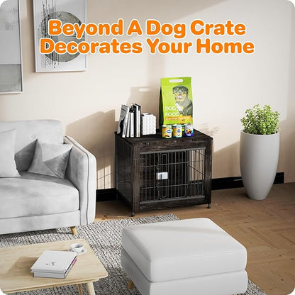 Dog Crate Furniture, Wooden Dog Crate 27in, Decorative Cage with End Table for Dog Indoor Kennel, High Anxiety Dog, Escape-Proof Locks for All Breeds