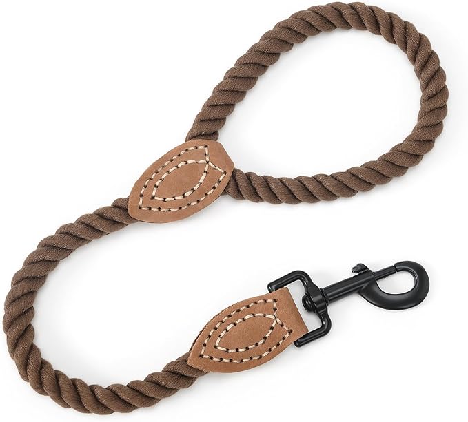 Mile High Life Short Dog Leash, Braided Cotton Rope Leashes with Leather Tip - Heavy Duty Metal Clasp, 18IN, 1/2" Thick - Wedding, Walking & Training Leash for Medium Large Dogs
