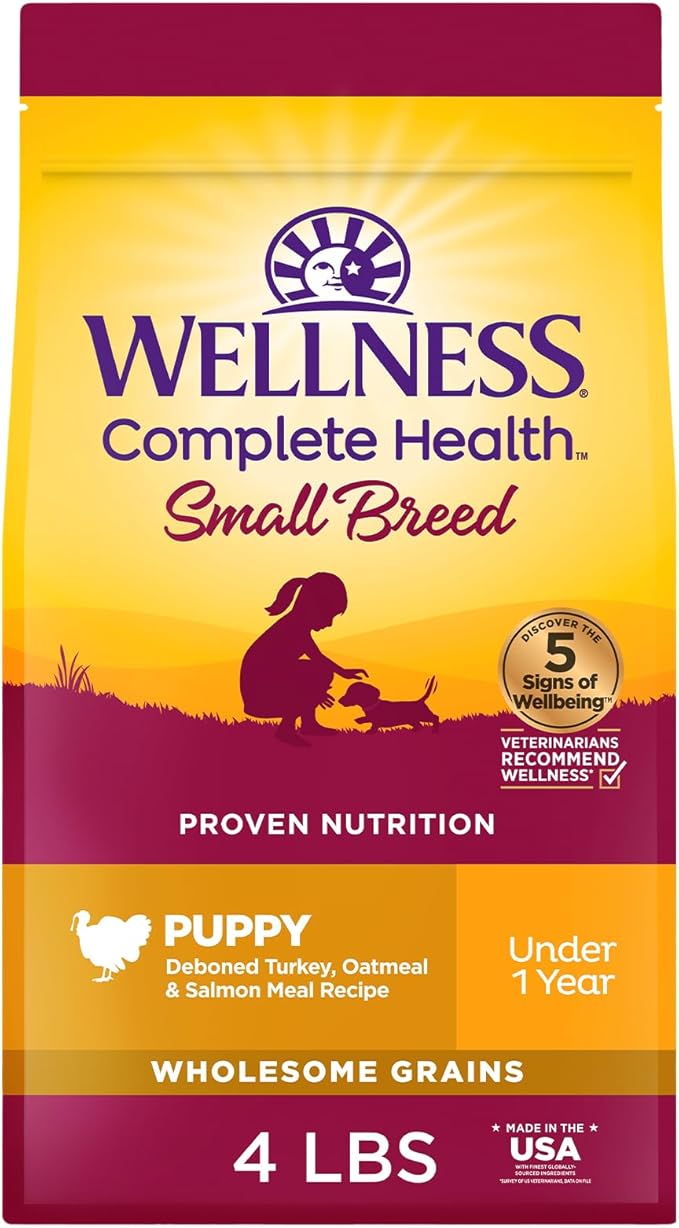 Wellness Complete Health Small Breed Puppy Dry Dog Food, Wholesome Grain Kibble, Natural, Turkey, Oatmeal, and Salmon Recipe, 4 lb Bag