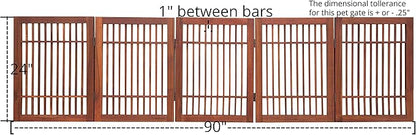 Urnporium Freestanding Wooden Dog Gate Foldable Indoor Pet Gate No Drill Expandable Barrier for Doorways Stairs Hallways Portable Wood Fence for Small Dogs & Puppies (Brown Pet Gate, 5 Panel 24" Tall)