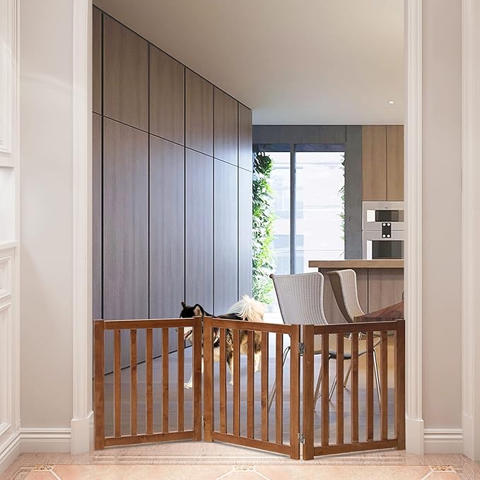 LZRS 3-Panel Wooden Free Standing Foldable Dog Gate Indoor – 24" High,Step-Over Safety Pet Gate for Doorways, Stairs, Hallways, Indoor Dog Barrier for Small to Medium Dogs & Puppies, Oak