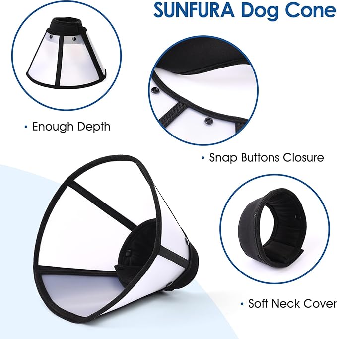 SUNFURA Dog Cones for Large Dogs, Soft Dog Cone to Stop Licking After Surgery, Detachable Pet Recovery E-Collar Alternative for Wound Healing, Black XL