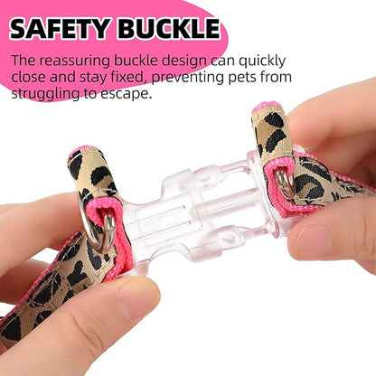 Mile High Life Leopard Dog Harness Collar Leash Set, Adjustable No Pull Dog Halter Harness for Small Breed Dogs, Easy Control for Training Walking (Pink, M Chest 15"-21", Neck 13"-17")