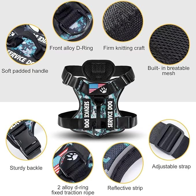 Moonpet Personalized Custom Tactical No Pull Dog Harness Black Nylon Dog Leash Set with Phone Number Dog Name - Adjustable Heavy Duty Pet Dog Vest Harness for Training and Walking