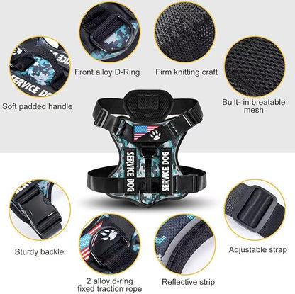 Moonpet Personalized Custom Tactical No Pull Dog Harness Black Nylon Dog Leash Set with Phone Number Dog Name - Adjustable Heavy Duty Pet Dog Vest Harness for Training and Walking