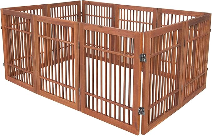 Urnporium Freestanding Wooden Dog Gate Foldable Indoor Pet Gate No Drill Expandable Barrier for Doorways Stairs Hallway Portable Wood Fence for Small Dogs & Puppies (Brown Pet Gate, 10 Panel 24" Tall)