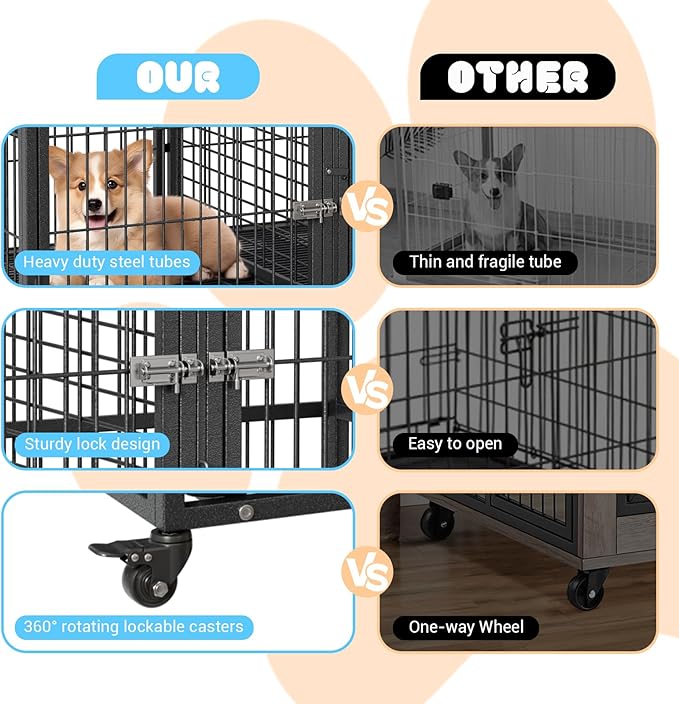 Heavy Duty Dog Crate, 48 Inches Large Metal Dog Kennel with Flexible Divider, 2 Door Pet Cage with Removable Tray and Wheels for Small Medium Large Pets