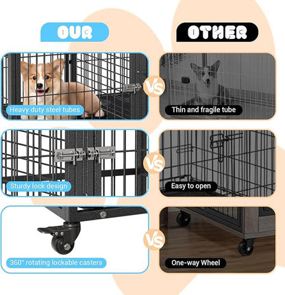 Heavy Duty Dog Crate, 48 Inches Large Metal Dog Kennel with Flexible Divider, 2 Door Pet Cage with Removable Tray and Wheels for Small Medium Large Pets