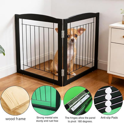 ZJSF Freestanding Foldable Dog Gate for House Extra Wide Wooden Indoor Puppy Gate Stairs Doorways Pet Gate Tall Dog Fence 2 Panels Fence Black