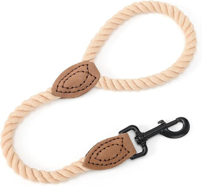 Mile High Life Short Dog Leash, Braided Cotton Rope Leashes with Leather Tip - Heavy Duty Metal Clasp, 18IN, 1/2" Thick - Wedding, Walking & Training Leash for Medium Large Dogs