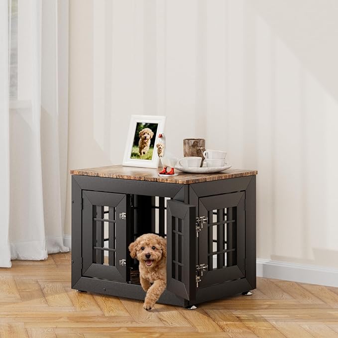 Snuowu 26" Heavy Duty Dog Crate Furniture for Small,Medium and Large Dogs,Rustic Wooden Dog Cage Kennel Indoor Furniture with Waterproof Top,Decorative Pet House Side End Table (Black & Wood)