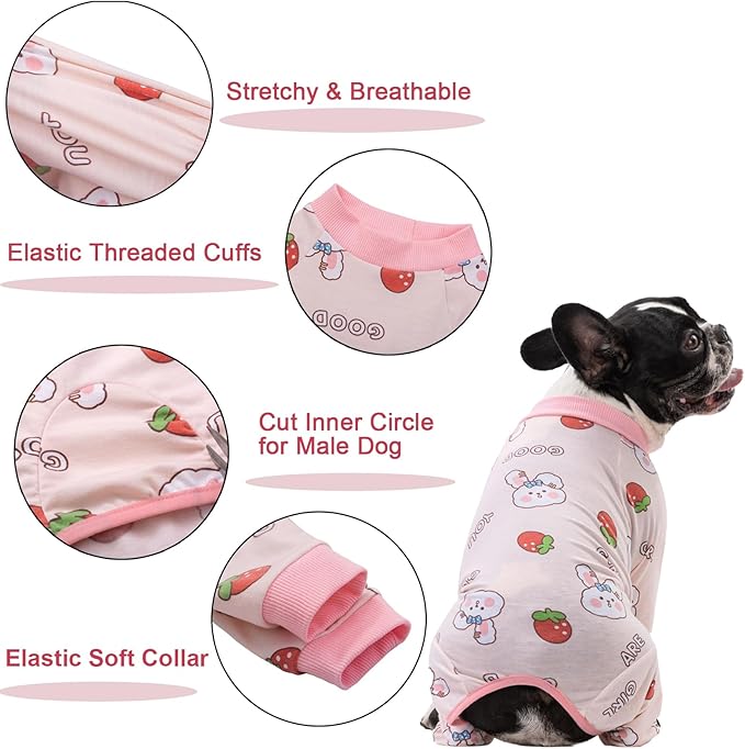 Dog Recovery Suit for Surgery Small Medium Dogs Onesie, Cute Soft Dog Pajamas Bodysuit Cone Alternative Prevent Licking Dog Recovery Suit Female Male (Medium, Bunny Strawberry)