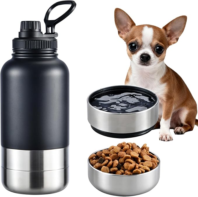 Cibaabo Insulated Dog Water Bottle with 2 Bowls, 32oz Travel Stainless Steel Double Wall Thermos, Portable Pet Dispenser, Gifts for Puppy Small Medium Dogs Walking Hiking and Camping
