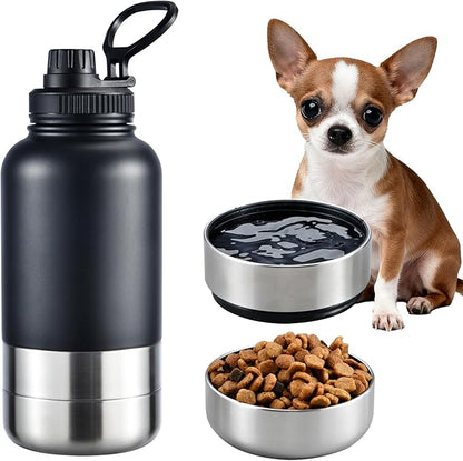 Cibaabo Insulated Dog Water Bottle with 2 Bowls, 32oz Travel Stainless Steel Double Wall Thermos, Portable Pet Dispenser, Gifts for Puppy Small Medium Dogs Walking Hiking and Camping