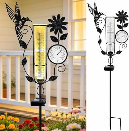 YJFWAL Hummingbird Rain Gauge Outdoor, Decorative Metal Sunflower Solar Rain Gauge with LED Light and Thermometer, Garden Decor for Yard, Lawn, Pathway, Farm