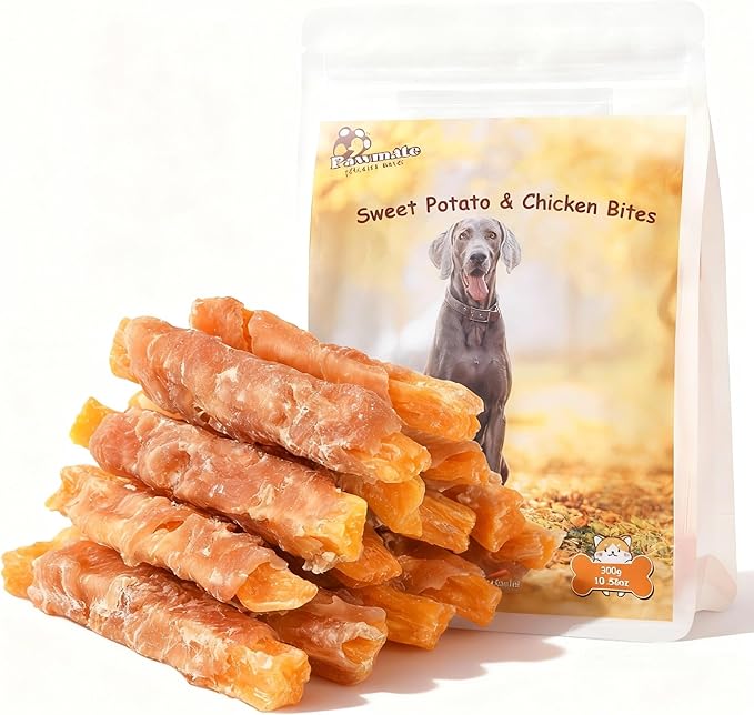 Pawmate Chicken Jerky Wrapped Sweet Potato Dog Treats w/Taurine, Healthy Dog Snacks Low Fat High Protein, Chewy Training Rewards Treats for Small Medium Large Breeds,10.6 oz, 13-17 Counts
