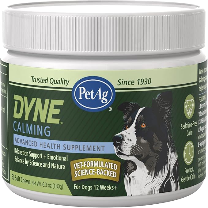 PetAg Dyne Soft Chews, Calming Supplement - Vet-Formulated for Dogs to Manage Normal Stress from Loud Noises, Travel & Separation - Non-Sedative - 60 Chicken Liver Flavor Chews