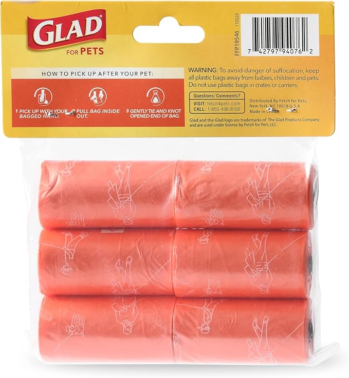 Glad for Pets Heavy Duty Dog Poop Bags, Leak Resistant Dog Waste Bags with Fun Print for Easy Cleanup on Walks, Strong Tear Resistant Pet Waste Bags, Tropical Breeze Scent, 6 Rolls, 90 Count