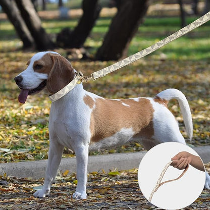 Dog Leather Collar and 4 ft Leash, KUDES Adjustable Basic Collar with Bell Checkered Pattern Durable Leather Collar and Leash with Metal Buckle for Small Medium Large Dogs