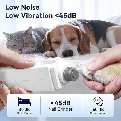 2-in-1 Dog Nail Clippers & Grinder with Light, Quiet Electric Pet Nail Trimmer for Large Medium Small Dogs & Cats, 3 Speeds, Rechargeable, Splash Guard & Safety Lock, Painless Grooming Tool (White)