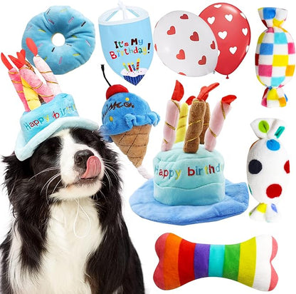 lilfrd Dog Birthday Toy Set, 9Pcs Plush Pet Toy for Small Dogs, Includes Squeaky Cake Hat, Bandana, Dessert Themed Toys, Balloons, for Dog Birthday Party