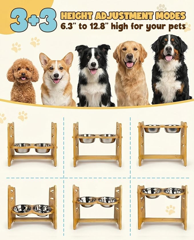 Jovrun Elevated Dog Bowls, Adjustable Raised Dog Bowl Stand for Medium Size Dogs, 15°Tilted Elevated Dog Bowls, Durable Bamboo Dogs Feeder with 2 Stainless Steel Bowls and Non-Slip Feet