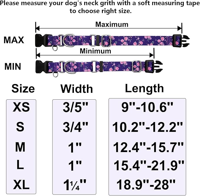 Martingale Collar for Dogs with Buckle Floral Dog Collar Girl Female Soft Nylon Dog Collars for Small Medium Large Dogs (Purple Flower, M)