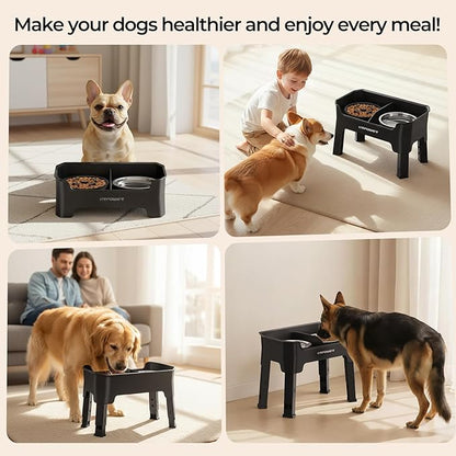 URPOWER Mess Proof Elevated Dog Bowls, High Wall Splash Guard Design, 4 Height Adjustable Raised Bowl Stand, 2 Stainless Steel Bowls, Non-Slip Food Water Set for Small Medium Large Dogs