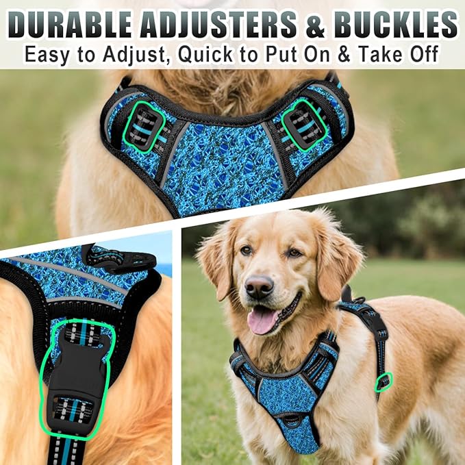 BARKBAY No Pull Dog Harness Large Reflective Dog Harness with Front Clip and Easy Control Handle for Walking Training Running with ID tag Pocket(Blue/Black,XL)