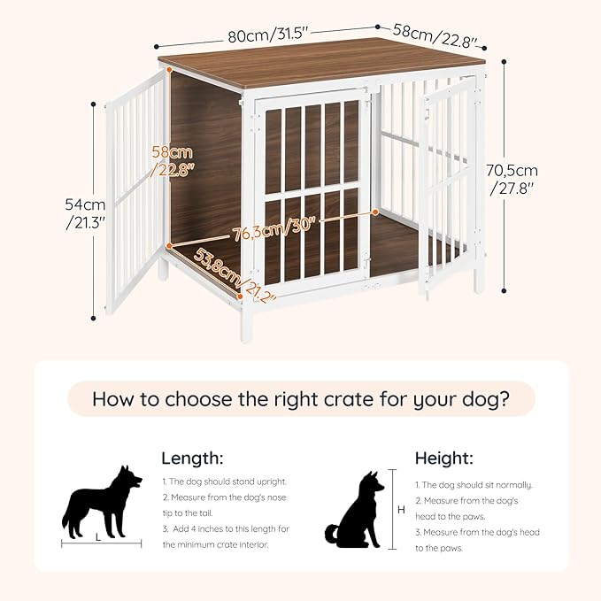 HOOBRO Heavy Duty Dog Crate Furniture, 31.5" Wooden Indoor Kennel with 3 Doors, Chew Resistant Metal Cage for Small and Medium Breeds, Dog Crate Side Table, White and Walnut