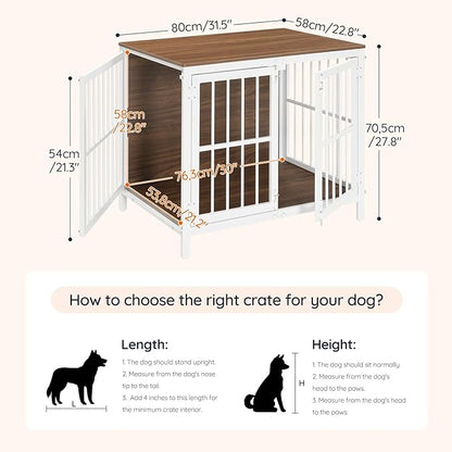 HOOBRO Heavy Duty Dog Crate Furniture, 31.5" Wooden Indoor Kennel with 3 Doors, Chew Resistant Metal Cage for Small and Medium Breeds, Dog Crate Side Table, White and Walnut