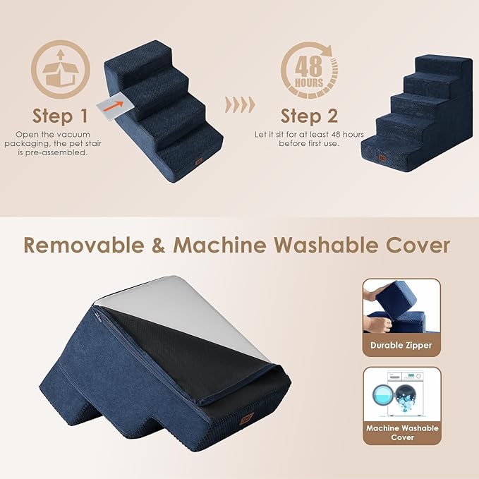 EHEYCIGA Dog Stairs for Bed 25" H, 5-Step Extra Wide Dog Steps for High Bed, Pet Steps for Small Dogs and Cats, Non-Slip Balanced Pet Ramp Indoor, Navy Blue
