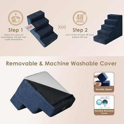 EHEYCIGA Dog Stairs for Bed 25" H, 5-Step Extra Wide Dog Steps for High Bed, Pet Steps for Small Dogs and Cats, Non-Slip Balanced Pet Ramp Indoor, Navy Blue