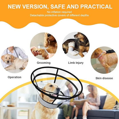 Sponge Core Dog Cat Cone Collar for After Surgery Recovery, Inflatable Dog Cone Alternative, Lainergie Dogs Donut Collar Adjustable with 2PCS Cover for Large Medium Small Dogs Cats (Grey+Yellow, S)