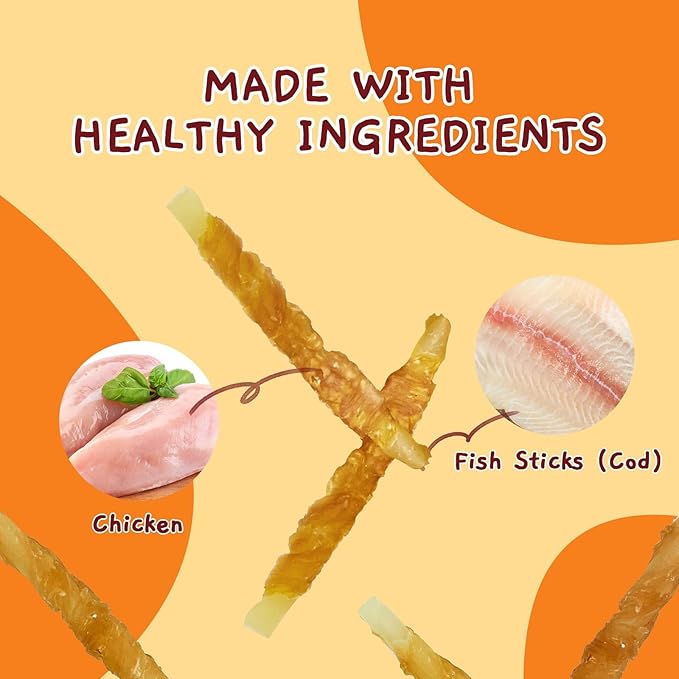 Jungle Calling Rawhide Free Dog Chews, Chicken Wrapped Cod Sticks Dog Treats, Soft Chewy Training Treats for Small Medium Dogs, 10.6 oz