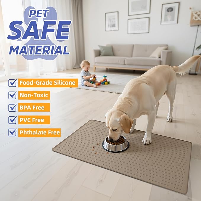 Large Dog Mats for Food and Water, 32"x24" Waterproof Pet Food Mats for Floor Nonslip Silicone Bowl Mats with Raised Edges