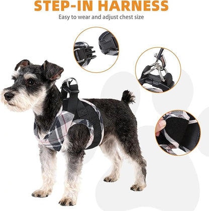 KOOLTAIL Small Dog Harness and Leash Set, Cute Puppy Harness, Step in No Pull Soft Mesh Pet Vest Harness Collar for Small Size Dogs Cats Boy Girl, Plaid Dog Halters for Outdoor Walking, Beige XS