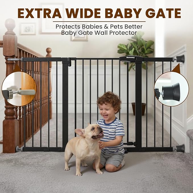 Mumeasy 29.7-57" Extra Wide Baby Gate for Doorways, Auto Close Dog Gate Indoor for Stairs, No-Drill Pressure Mounted Pet Gate with Door, Easy Walk Thru Long&Large Safety Gate for House, Outdoor, Black