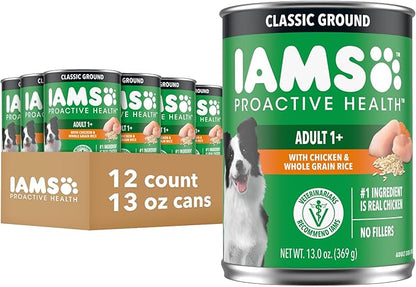 IAMS Proactive Health Wet Dog Food, Adult Wet Dog Food Multipack Ground Dinner, with Chicken & Rice, 13 oz. Cans (Pack of 12)