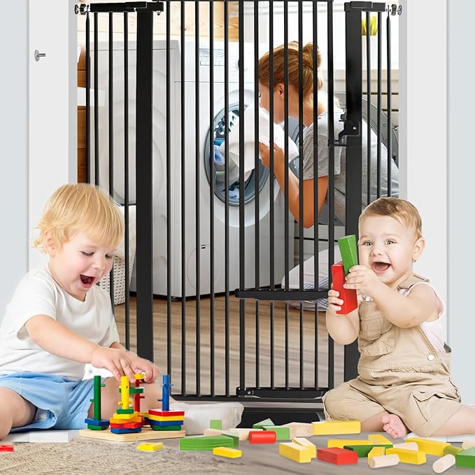SHYUJAJIE 55 Inch Extra Tall Pet Gate with Small Cat Door, 29.55"-40.55" Adjustable Wide Dog Gate, Tall Cats Gates for Doorway, Stairs, House(Black)