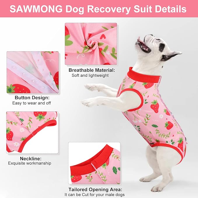 SAWMONG 2 Pack Recovery Suit for Dogs After Surgery, Dog Recovery Suit Soft Polyester, Pet Spay Surgical Suit Female Male, Dog Onesie Body Suit Substitute E-Collar Cone(Strawberry+ Peach,XXL)