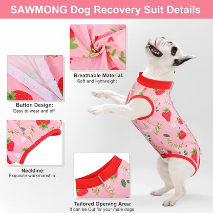 SAWMONG 2 Pack Recovery Suit for Dogs After Surgery, Dog Recovery Suit Soft Polyester, Pet Spay Surgical Suit Female Male, Dog Onesie Body Suit Substitute E-Collar Cone(Strawberry+ Peach,XXL)