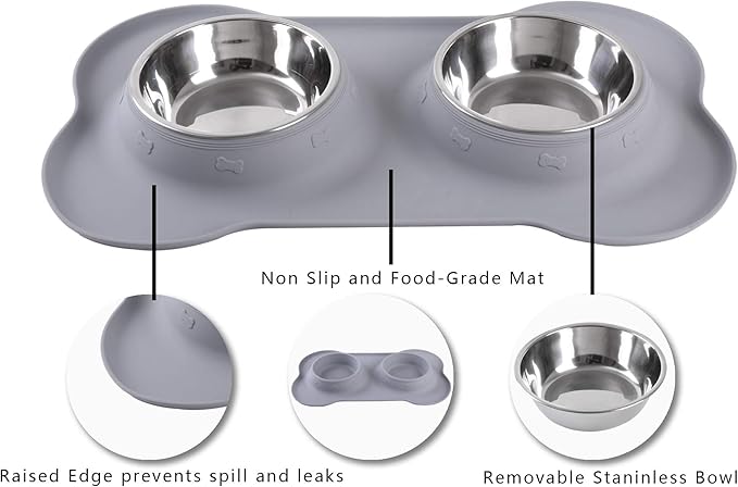 Hubulk Pet Dog Bowls 2 Stainless Steel with No Spill Non-Skid Silicone Mat + Pet Food Scoop Water and Food Feeder Bowls for Feeding Small Medium Large Dogs Cats Puppies ( Gray)